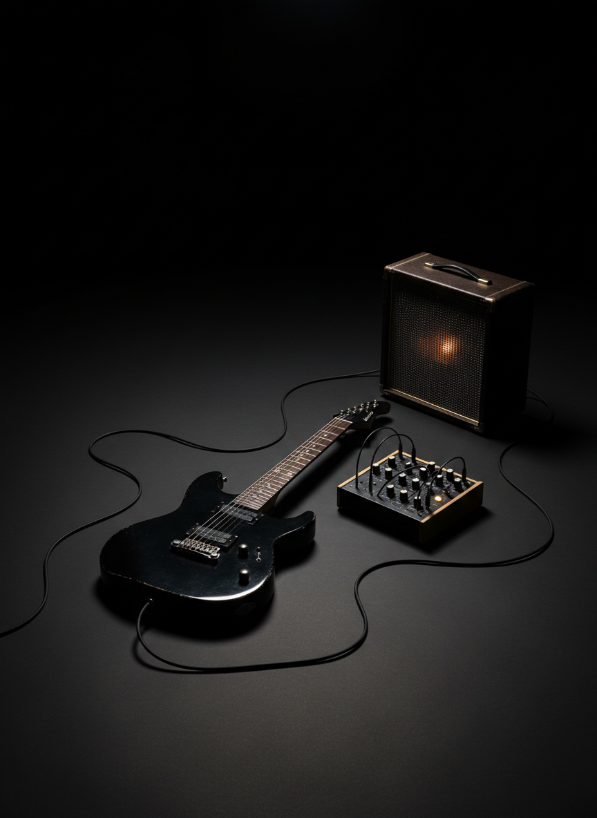 A meticulously arranged still life of avant-garde music equipment on a matte black stage floor: a sleek, jet-black electric guitar with worn nickel hardware, a compact modular synth with muted ivory and charcoal knobs, and a vintage tube amp with a subtle amber glow behind its grille. Thin, braided instrument cables form deliberate, graphic curves between them. The scene is set in a dim, intimate studio with a single overhead spotlight creating precise, sculptural highlights and deep, soft-edged shadows. Shot at eye level with a shallow depth of field, the background dissolves into velvety darkness. The photographic realism and minimalist composition evoke a sophisticated, underground music-art aesthetic, refined yet quietly confrontational.
