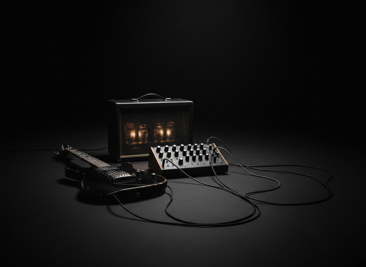 A meticulously arranged still life of avant-garde music equipment on a matte black stage floor: a sleek, jet-black electric guitar with worn nickel hardware, a compact modular synth with muted ivory and charcoal knobs, and a vintage tube amp with a subtle amber glow behind its grille. Thin, braided instrument cables form deliberate, graphic curves between them. The scene is set in a dim, intimate studio with a single overhead spotlight creating precise, sculptural highlights and deep, soft-edged shadows. Shot at eye level with a shallow depth of field, the background dissolves into velvety darkness. The photographic realism and minimalist composition evoke a sophisticated, underground music-art aesthetic, refined yet quietly confrontational.