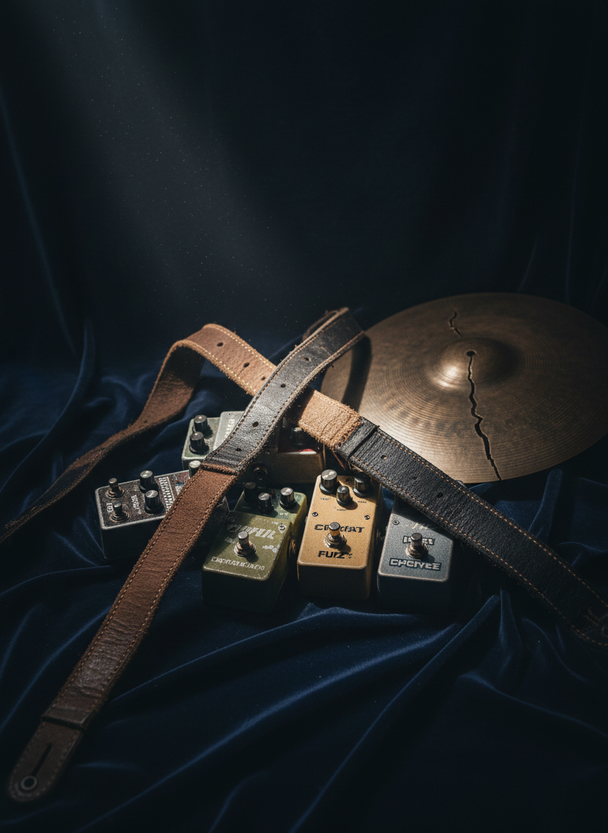 An abstract, photographic arrangement of band paraphernalia on a deep midnight-blue velvet backdrop: a pair of worn leather guitar straps, a cluster of customized effect pedals in muted, desaturated colors, and a single, cracked cymbal with a dark bronze patina. Fine dust particles catch a narrow beam of angled light, creating a subtle, atmospheric haze. The lighting is dramatic and directional, leaving parts of the scene to fade into rich shadow. Shot from a low, diagonal perspective, details of scratched metal, frayed stitching, and chipped paint come into sharp focus while edges drift into blur. The mood is raw yet curated, balancing elegance with a hint of deliberate damage, reflecting sophisticated, subversive music art.
