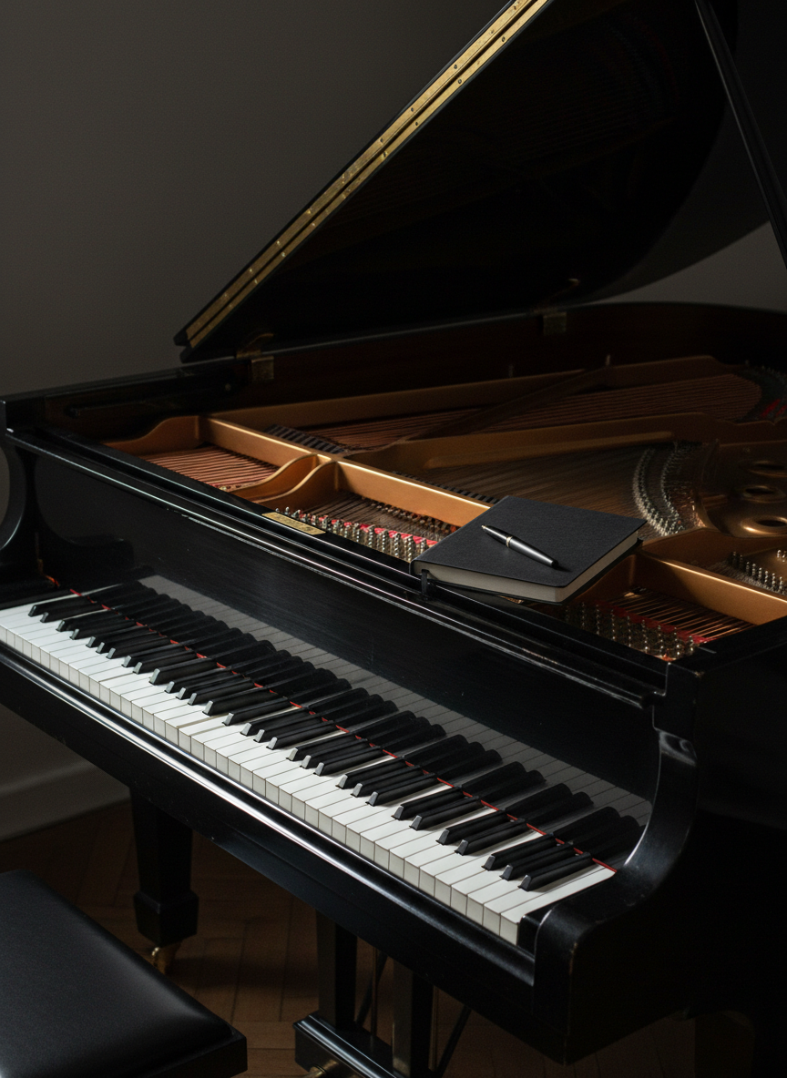 A minimalist, photographic scene of a black baby grand piano in a nearly empty, dark-walled room, its lid slightly open revealing the soft gleam of strings and hammers. On the closed section rests a single, unmarked matte-black notebook and a slim fountain pen, positioned with exacting symmetry. A narrow slice of cool, late-afternoon window light falls across the keys, creating a sharp diagonal of ivory and shadow that bisects the frame. The rest of the room recedes into a velvety void. Captured at a three-quarter angle with moderate depth of field, the mood is introspective and composed, suggesting refined composition work for an art-focused music project.