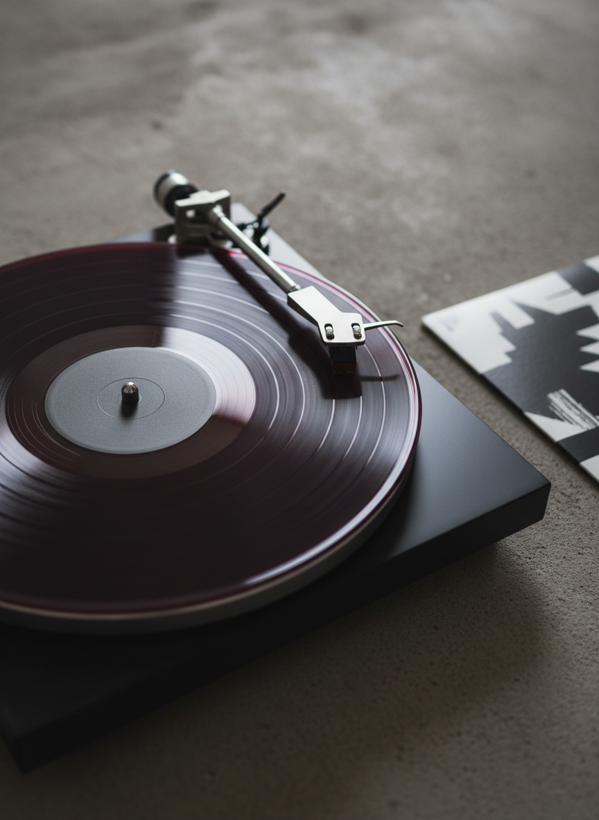 A close-up, photographic composition of a translucent vinyl record in a deep oxblood red, resting on a minimalist turntable with a brushed steel tonearm and matte onyx plinth. The record’s surface catches soft, diffused side lighting, revealing delicate grooves and subtle reflections like fine etchings. Around the turntable, a bare concrete surface provides a cool, industrial backdrop, with only a single, abstract black-and-white album sleeve partially visible at the frame’s edge. Captured from a slightly elevated angle with sharp focus on the record center and gentle bokeh in the background, the mood is restrained, sophisticated, and enigmatic, hinting at experimental music and art without any overt visual clichés.
