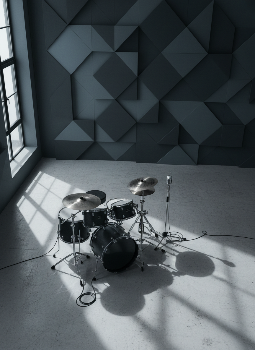 A stark, photographic overhead shot of a rehearsal space reduced to essentials: a single, dark drum kit with matte black shells and brushed metal hardware, surrounded by minimalist, geometric acoustic panels in soft charcoal and slate tones. Coiled cables and a lone, vintage-style microphone on a stand create subtle directional lines across the pale concrete floor. Cool, controlled window light seeps in from one side, casting elongated, precise shadows and emphasizing textures of metal, rubber, and fabric. The mood is focused and slightly tense, like a held breath before a performance. The composition follows rule-of-thirds, with empty negative space reinforcing a refined, art-forward band identity.