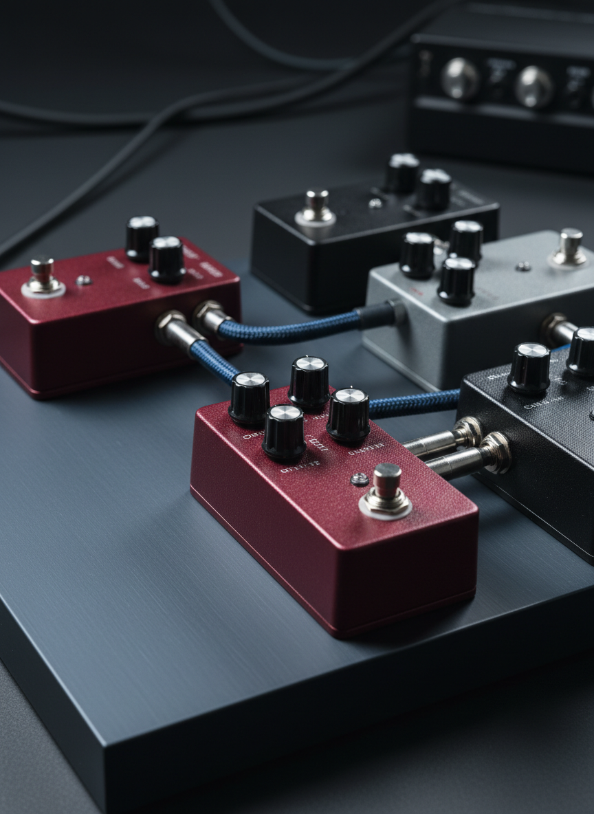 A tight, photographic macro shot of a custom guitar pedalboard, its surface a matte slate metal with precisely arranged pedals in deep wine, stone gray, and ink-black finishes. Fine-grained footswitches and knurled knobs catch subtle, cool studio lighting, creating crisp highlights and tiny, intricate shadows. Woven cables snake between pedals in deliberate, minimalist curves. The background falls into a soft, charcoal blur, emphasizing the textural detail of metal, rubber, and powder-coated paint. The composition is asymmetrical but balanced, with negative space on one side. The atmosphere feels technical yet artistic, like a sculptural object used to shape unconventional soundscapes for a sophisticated experimental band.