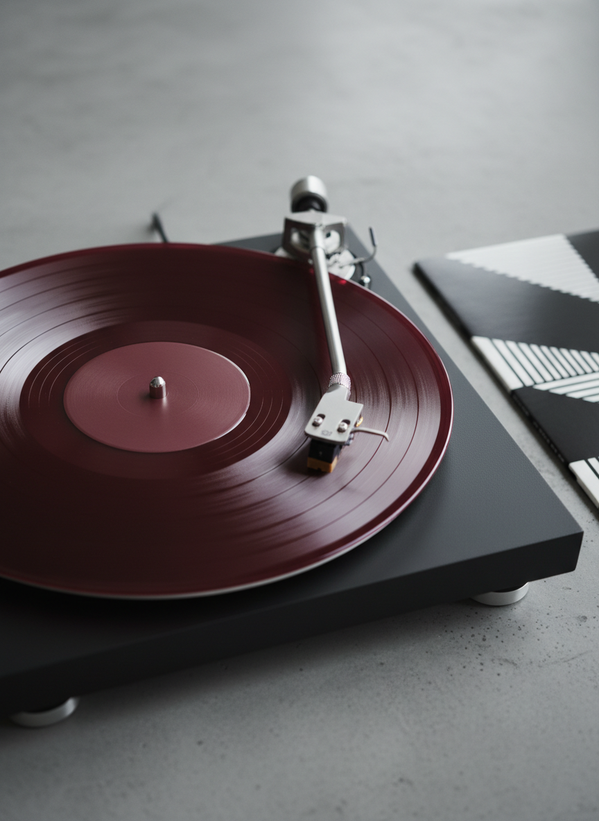 A close-up, photographic composition of a translucent vinyl record in a deep oxblood red, resting on a minimalist turntable with a brushed steel tonearm and matte onyx plinth. The record’s surface catches soft, diffused side lighting, revealing delicate grooves and subtle reflections like fine etchings. Around the turntable, a bare concrete surface provides a cool, industrial backdrop, with only a single, abstract black-and-white album sleeve partially visible at the frame’s edge. Captured from a slightly elevated angle with sharp focus on the record center and gentle bokeh in the background, the mood is restrained, sophisticated, and enigmatic, hinting at experimental music and art without any overt visual clichés.